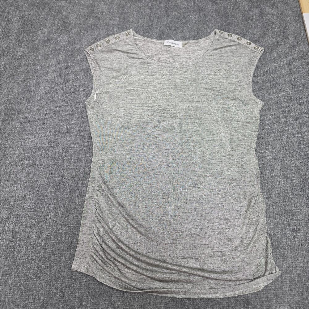 Calvin Klein Womens Gray Ruched Side Top Shoulder Button Detail Sleeveless